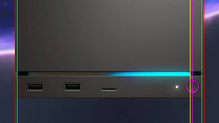 The power button’s detected center (magenta) sitting between the animation’s visible cutoff (yellow) and the true physical groove edge (green)